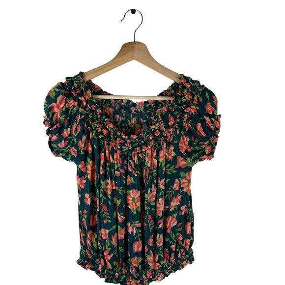 Free People Suki Top Women's Small Green Floral Smocked Off the Shoulder - Picture 2 of 8
